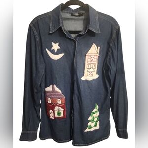 VTG Denim Christmas Shirt Med Embroidery Boho Button up Long Sleeve Cottagecore